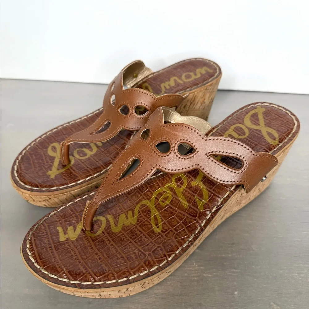 Sam Edelman Ralphie Wedge Sandals Womens 9.5 Brown Leather Cork Thong